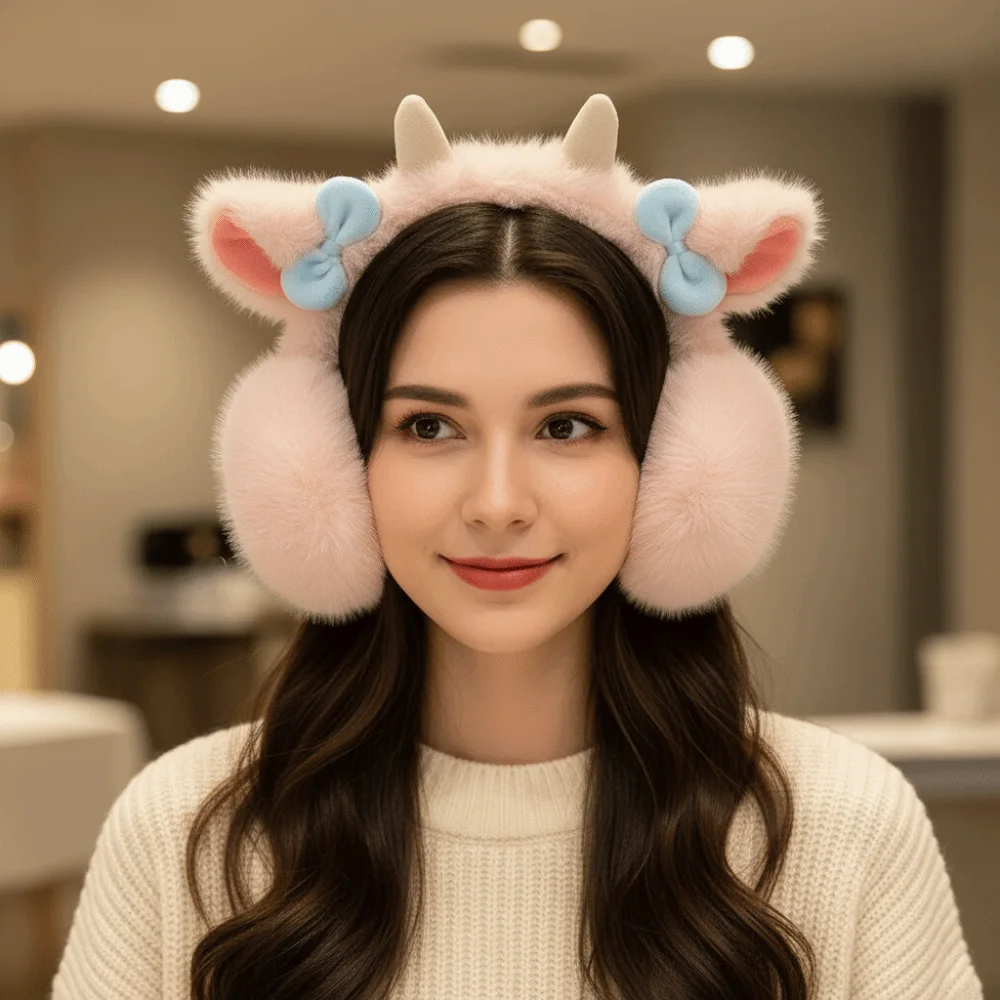

Soft Little Lamb Horns Earmuffs cartoon Foldable Winter Ear Warmer Thicken Elastic Ear Protectors Winter Outdoor