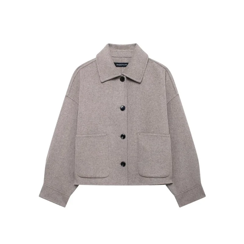 

Женская однобортная шерстяная верхняя одежда в европейском и американском стиле с лацканами, повседневная куртка с карманом с клапаном, свободная