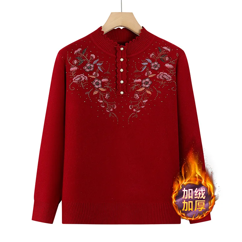

Middle-aged Women Fleece Long Sleeve Knitted Sweater Pullover 2026 New Mother Clothes Autumn Winter Bottoming Shirt Female Tops