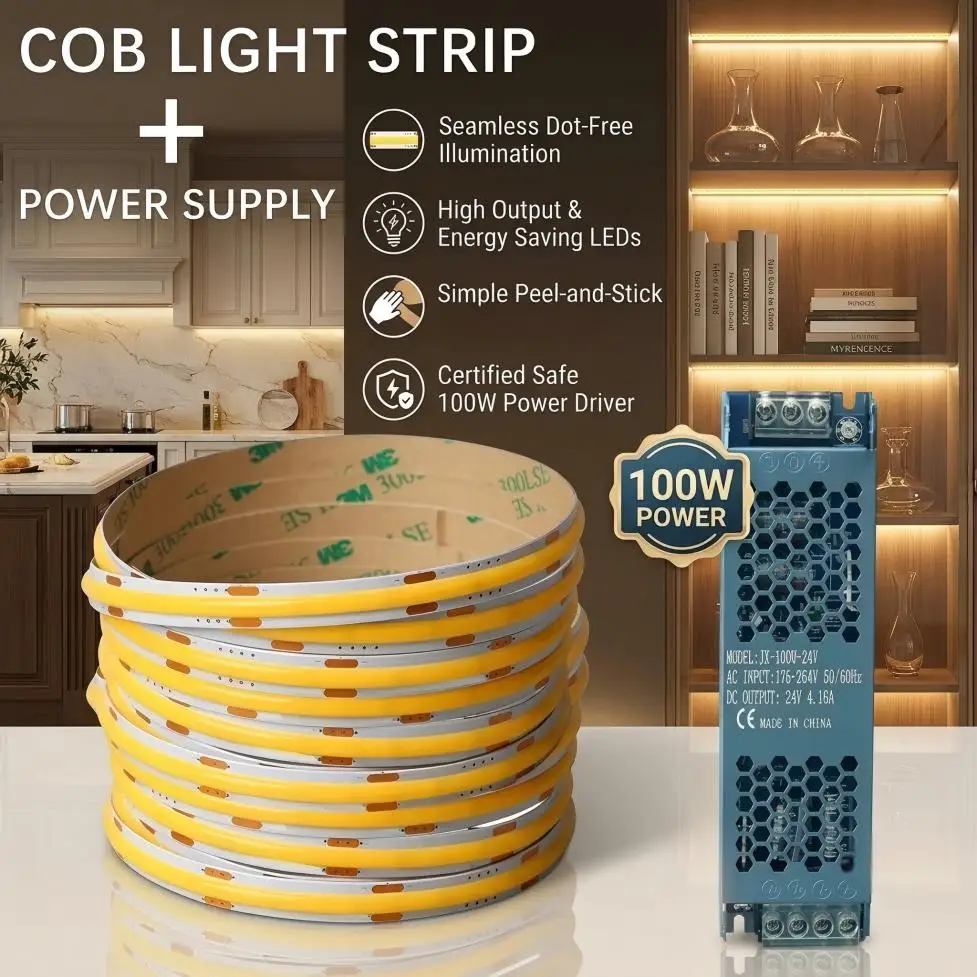 DC12V/24V 8mm Ultra Thin COB LED Strip High Density Dimmable Tape with Transformer 2Pin Wire for DIY Bedroom Home Decor Lighting