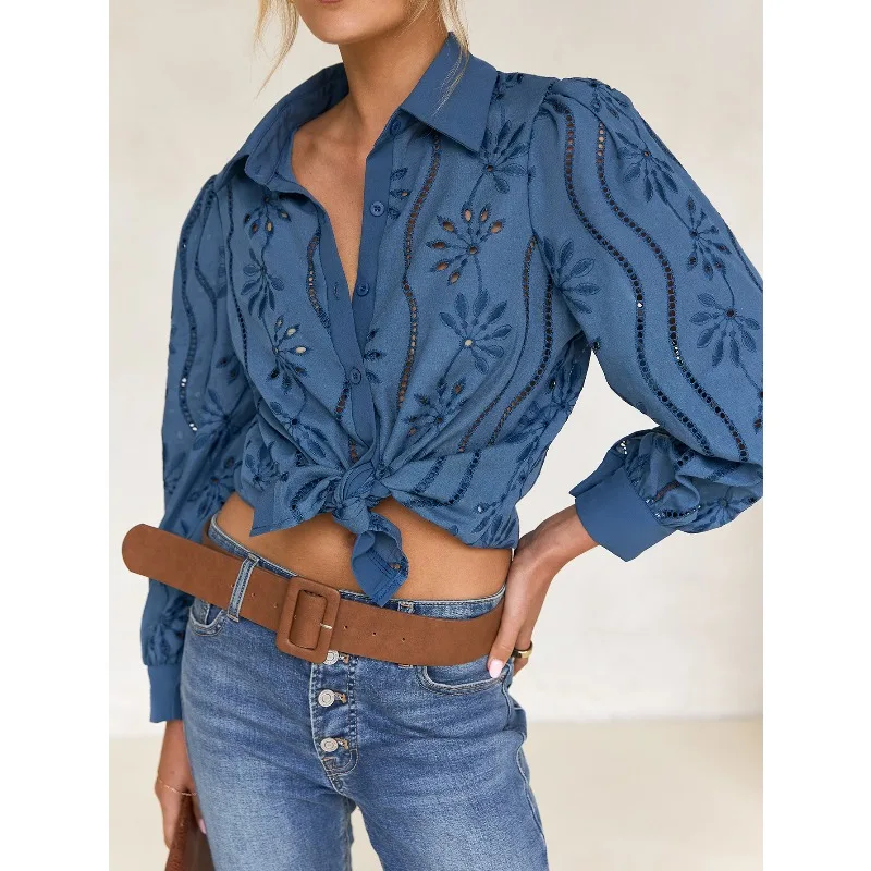 قميص جديد لخريف 2025 قميص متين غير رسمي فضفاض بأكمام منتفخة مجوفة سترة علوية للنساء بلوزات مكتبية سوداء مجوفة