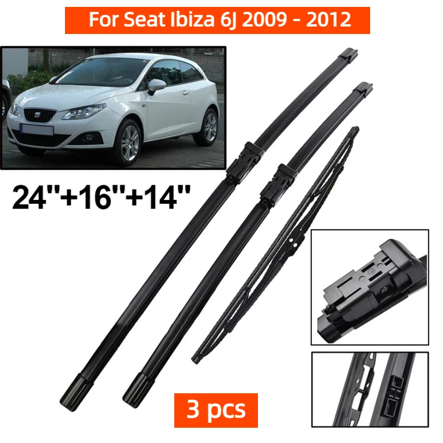 

Front Rear Wiper Blades Set For Seat Ibiza 6J 2009 - 2012 Windshield Windscreen Window Rain Brushes 24"+16"+14" Auto Parts