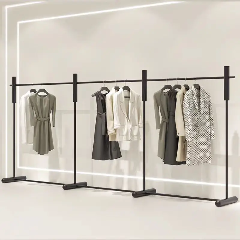 

Clothing store display rack Floor-to-ceiling bold stainless steel black middle island rack Women's clothing store special shelf