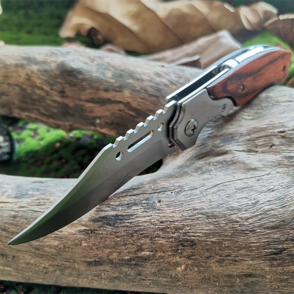 LED Light Folding Blade Knife with Wooden Handle for Hunting, Self Defense and Survival - Portable and Versatile Pocket Knives