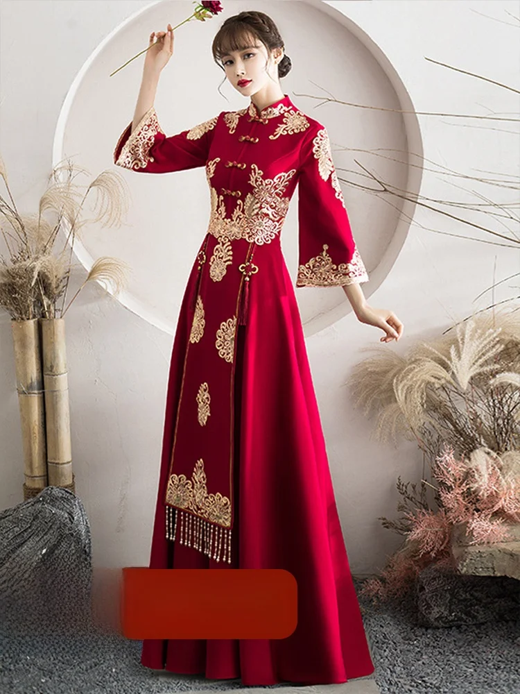 

Chinese Wedding Dr plus Size Slimming ow He Wedding Gown Long Sve Floor Length Embroidered mid Waist Vintage Sle