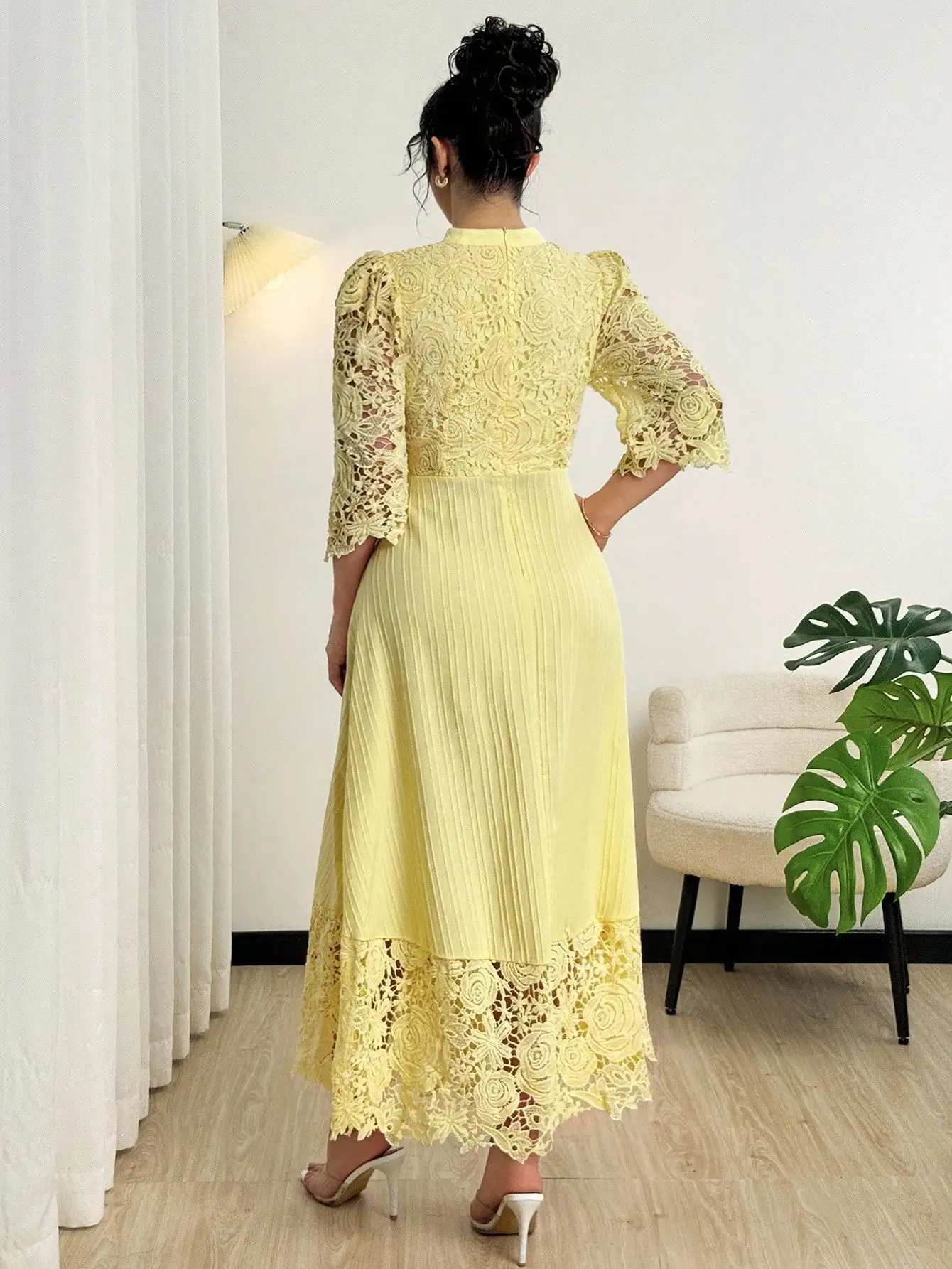 

Yellow Lace Embroidery Pleated Maxi Dress With Three Quarter Sleeve For Women
