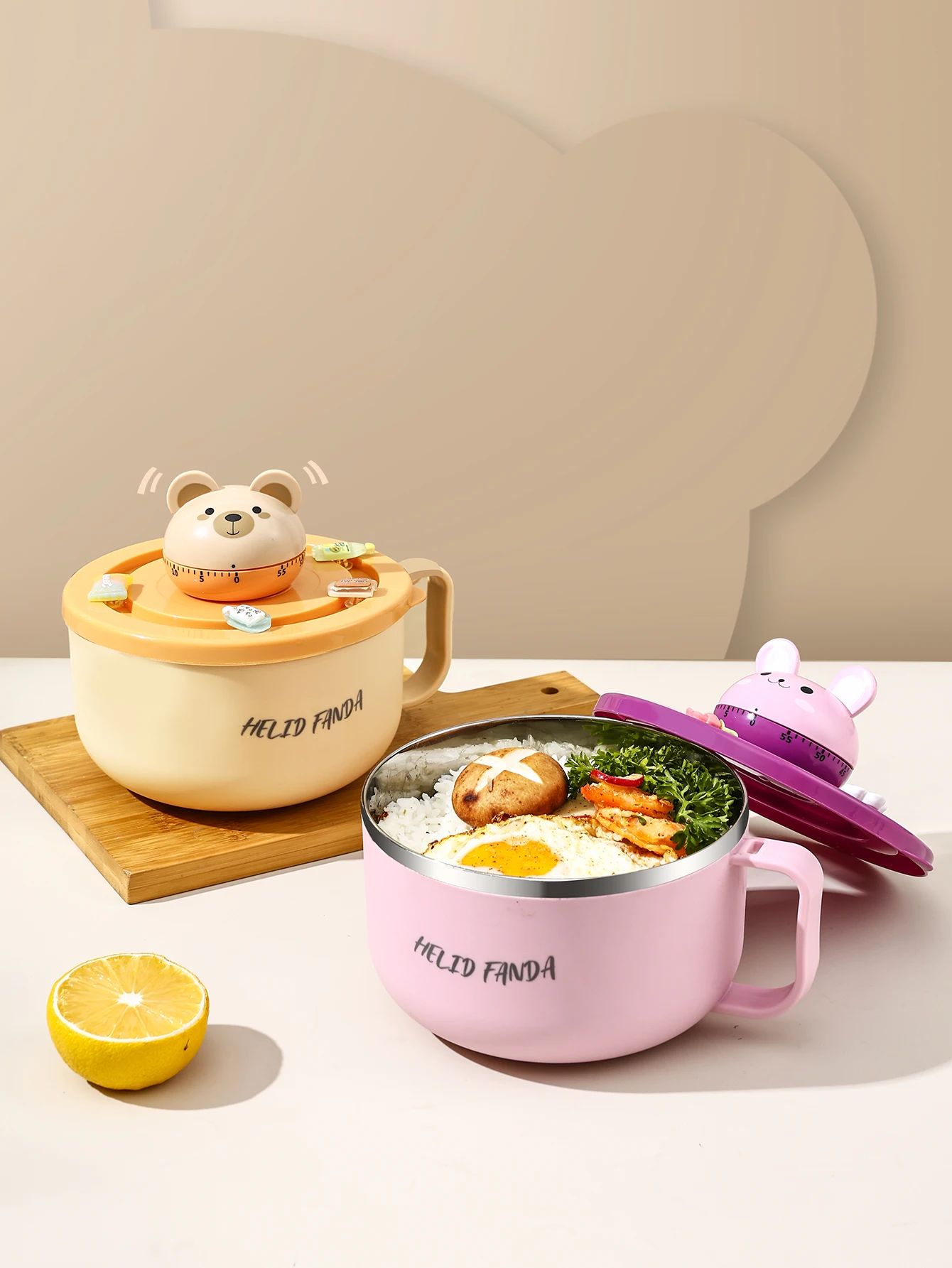 304 Timer Instant Noodle Bowl Stainless Steel Cute Bear Large Capacity Keep Food Warm Food Containers For Student Kids