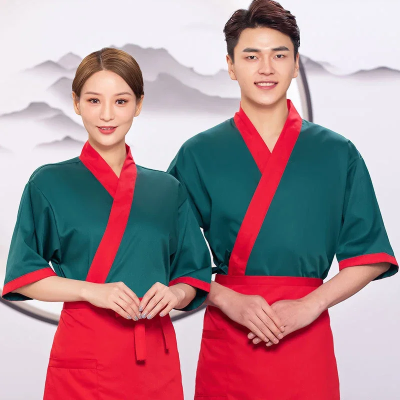 Japanse stijl Sushi Restaurant Ober Overalls Kimono Hanbok Unisex Catering Barbecue Winkel Ober Werkkleding Tops met schort