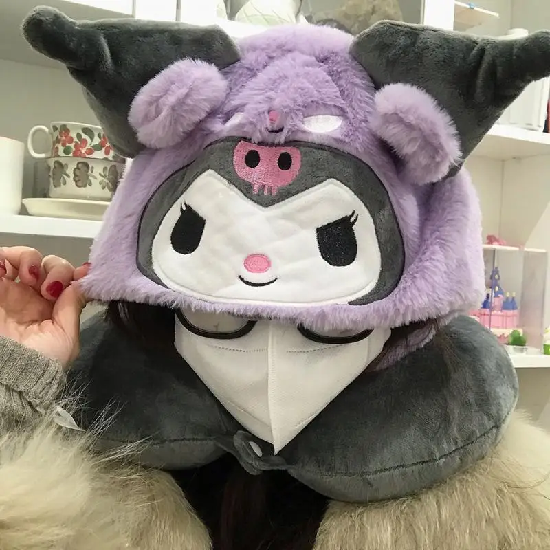 Sanrioed Hangyodon Kuromi U-Shaped Pillow Hooded Neck Brace Office Nap Pillow Kawaii My Melody Cartoon Winter Warmth Girl Gift