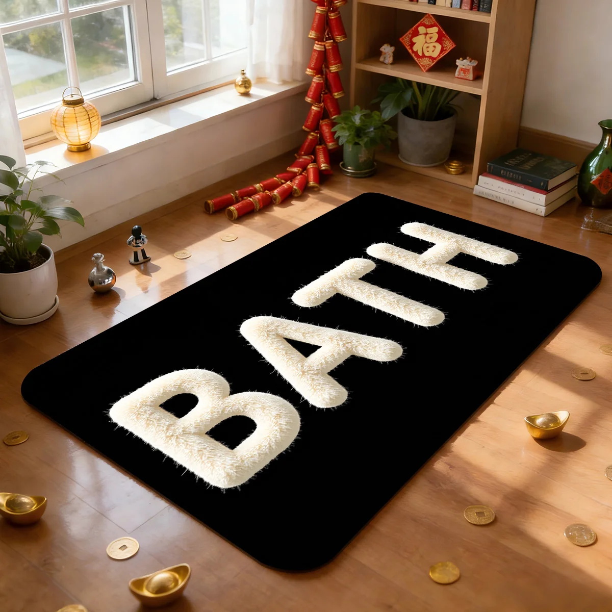 

Пушистый коврик для ванной комнаты – белый текст на черном фоне для ванной, спальни и прихожей.