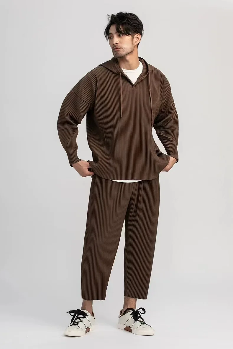 Miyake 2025 Classic New Hooded Sweater Pleated Fashion Loose Casual Pleated Simple Drawstring Pullover Hoodie Pleats Men's