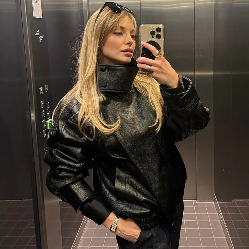 Tornova mode veste en simili cuir femmes col montant boutons fermeture éclair poche épissage automne hiver femme haute rue manteau