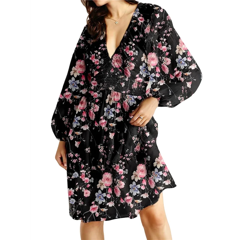 CYL-Fall Dresses For Women Boho Floral V Neck Long Sleeve Smocked Elastic Waist Casual A-Line Mini Dress Sundress
