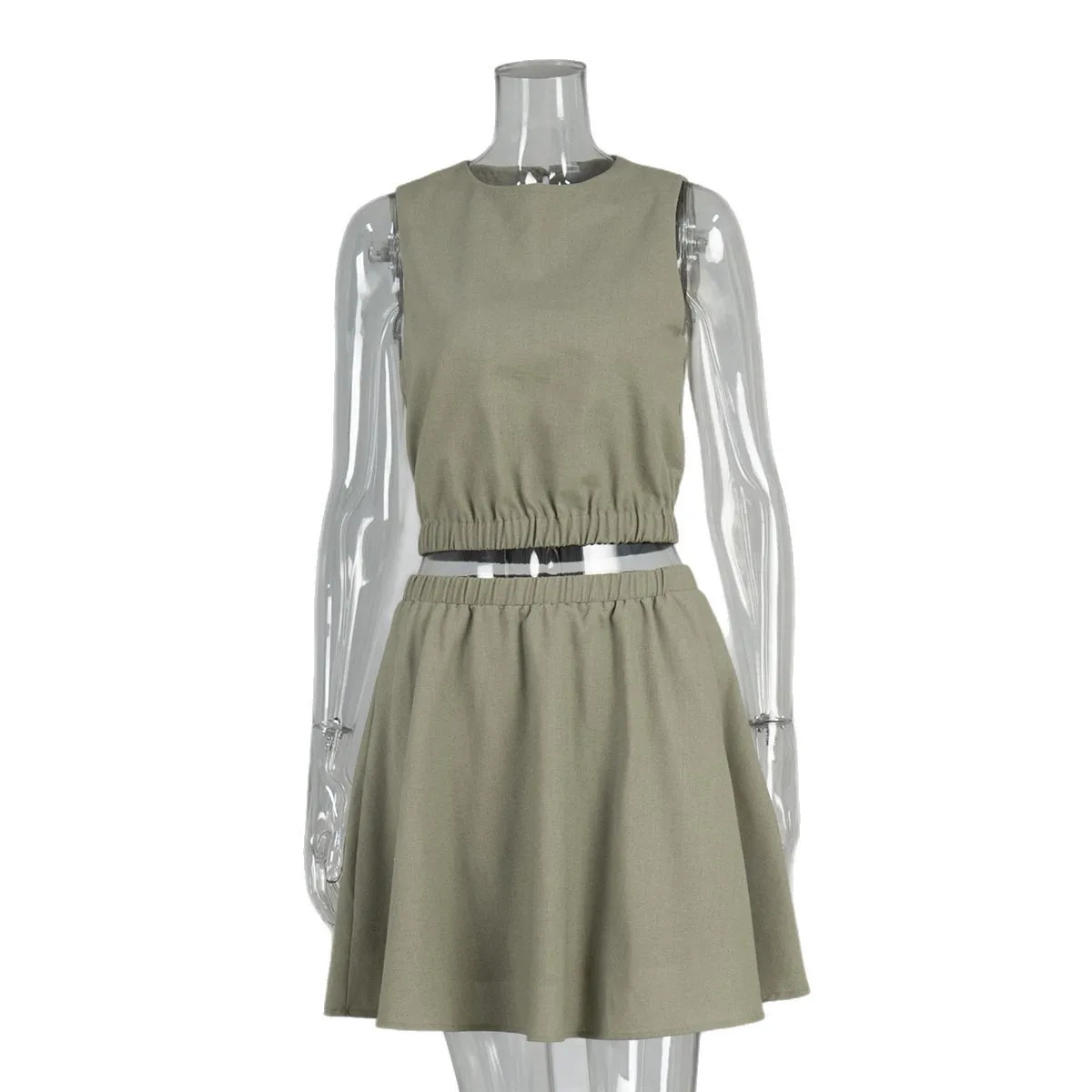 Cotton And Linen Vest Skirt Two-piece Summer Women's Round Neck Sleeveless Vest + High Waist Pleated Mini Skirt Women's Suit
