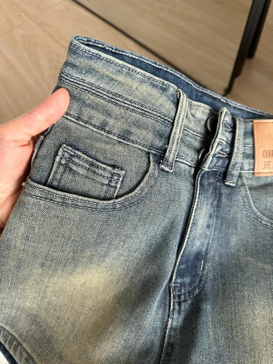 American Retro High Waist Double Buckle Denim Shorts Women's Summer New Elastic Slimming Small Size A-Line Hot Pants