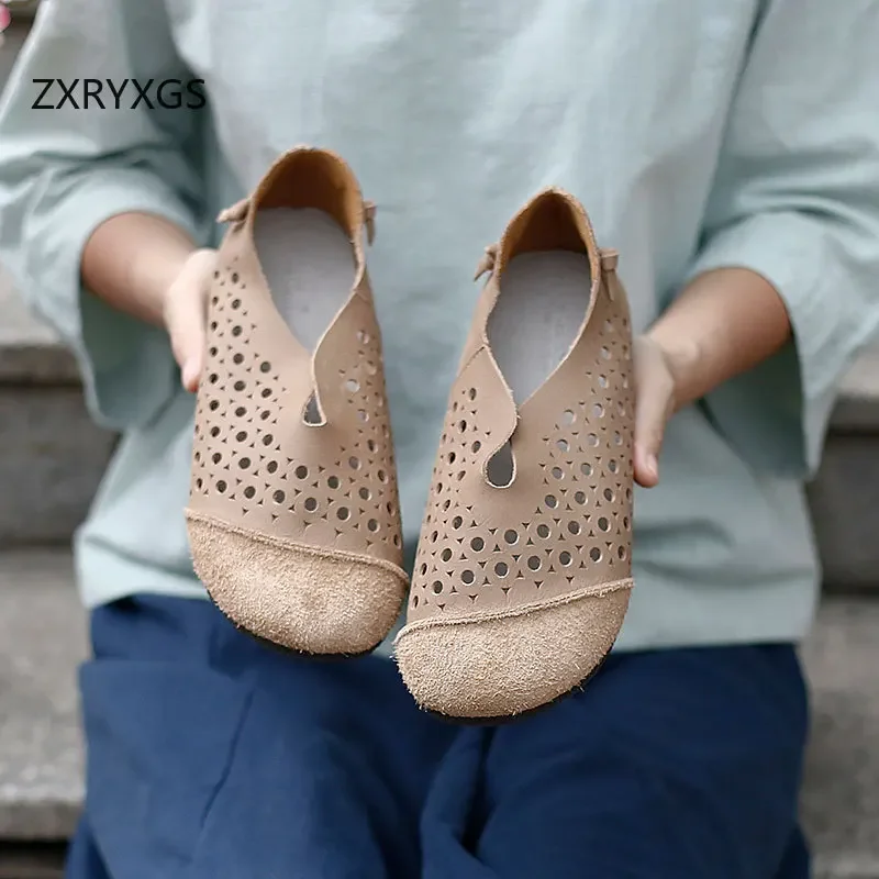 ZXRYXGS sandal wanita Flat, sepatu datar Retro sol lembut Premium penuh kulit asli berongga, Musim Panas 2024