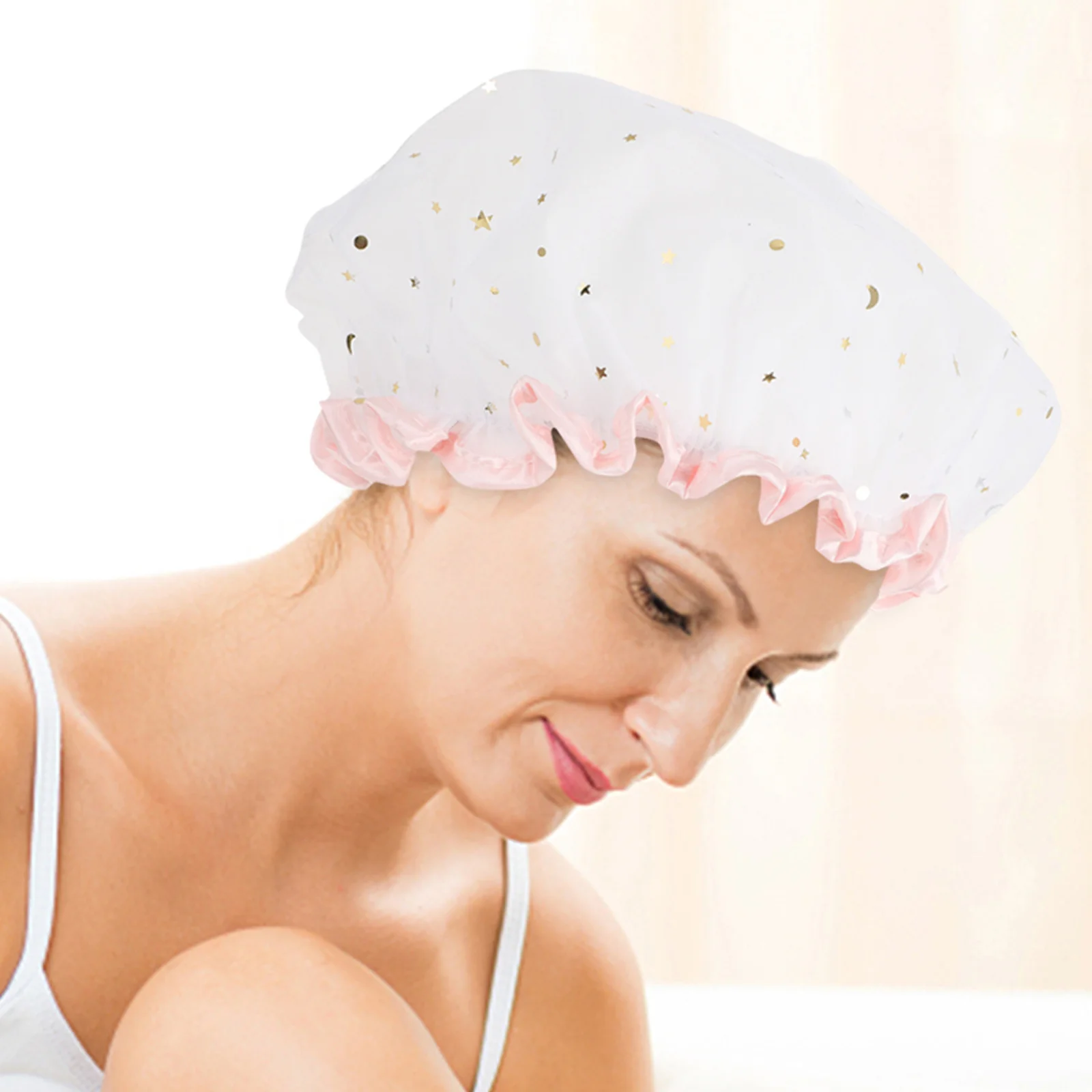 

2Pcs Waterproof Shower Caps Satin Bath Hats for Women Bathing Face Washing Makeup Hair Fixing Bathroom Caps Makeup Hat