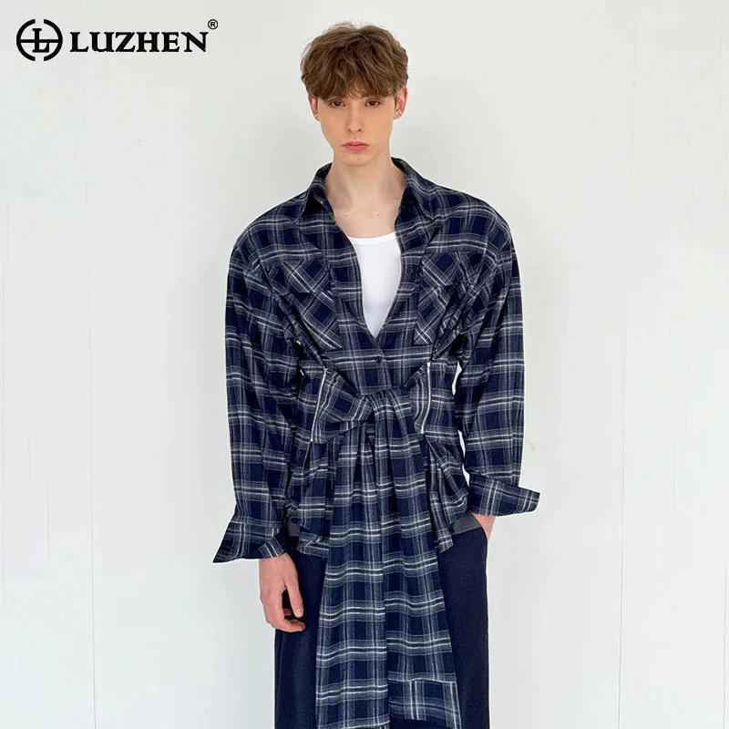 

LUZHEN 2025, осенние новые персонализированные рубашки с длинными рукавами и лентой, мужские оригинальные свободные повседневные одежды в клетку с принтом JY5088