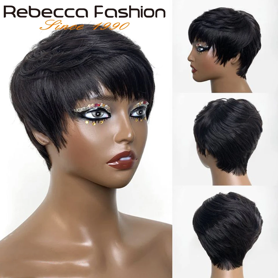 Perruque Brésilienne Naturelle Coupe Courte Pixie 1B, Cheveux Lisses Colorés avec Frange et Frange, Faite à la Machine, Noire Naturelle, pour Femme