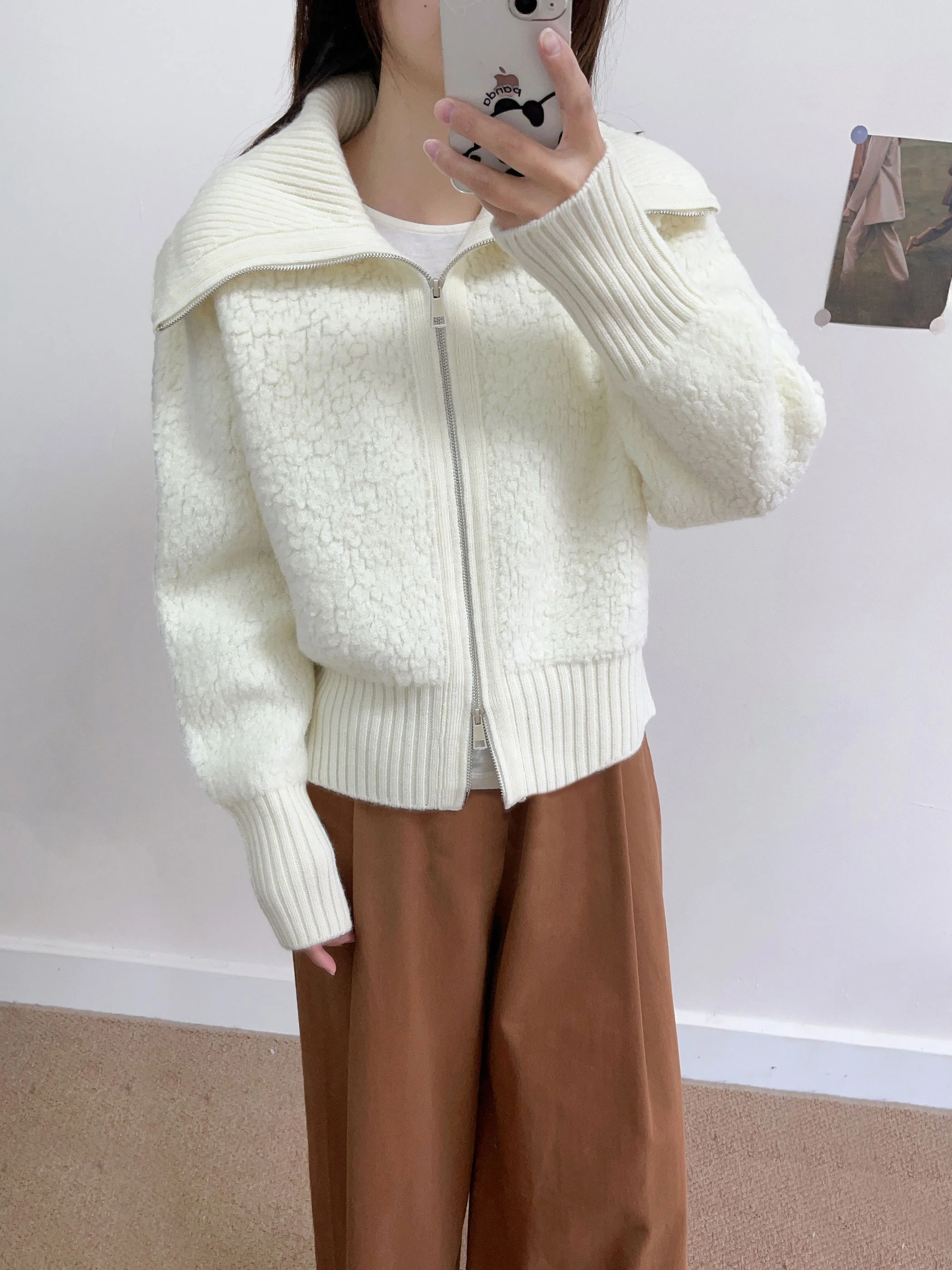 

Ladies' Full Wool Knitted Cardigan Coat Double Zipper Loose Thi ort Sweater Outerwear Winter New Sle Turn-down Collar