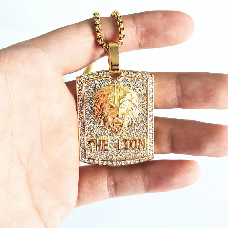 New hip hop full rhinestone Lion Head Pendant For mens Jewelry Vintage Gold Color Stainless Steel Chain Necklaces