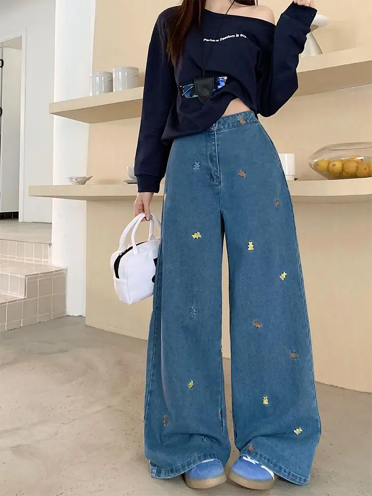 

Slimming Embroidered High Waist Straight Leg Jeans plus Size Women's Casual Faion Autumn Spring plus Size Comfortable Fit