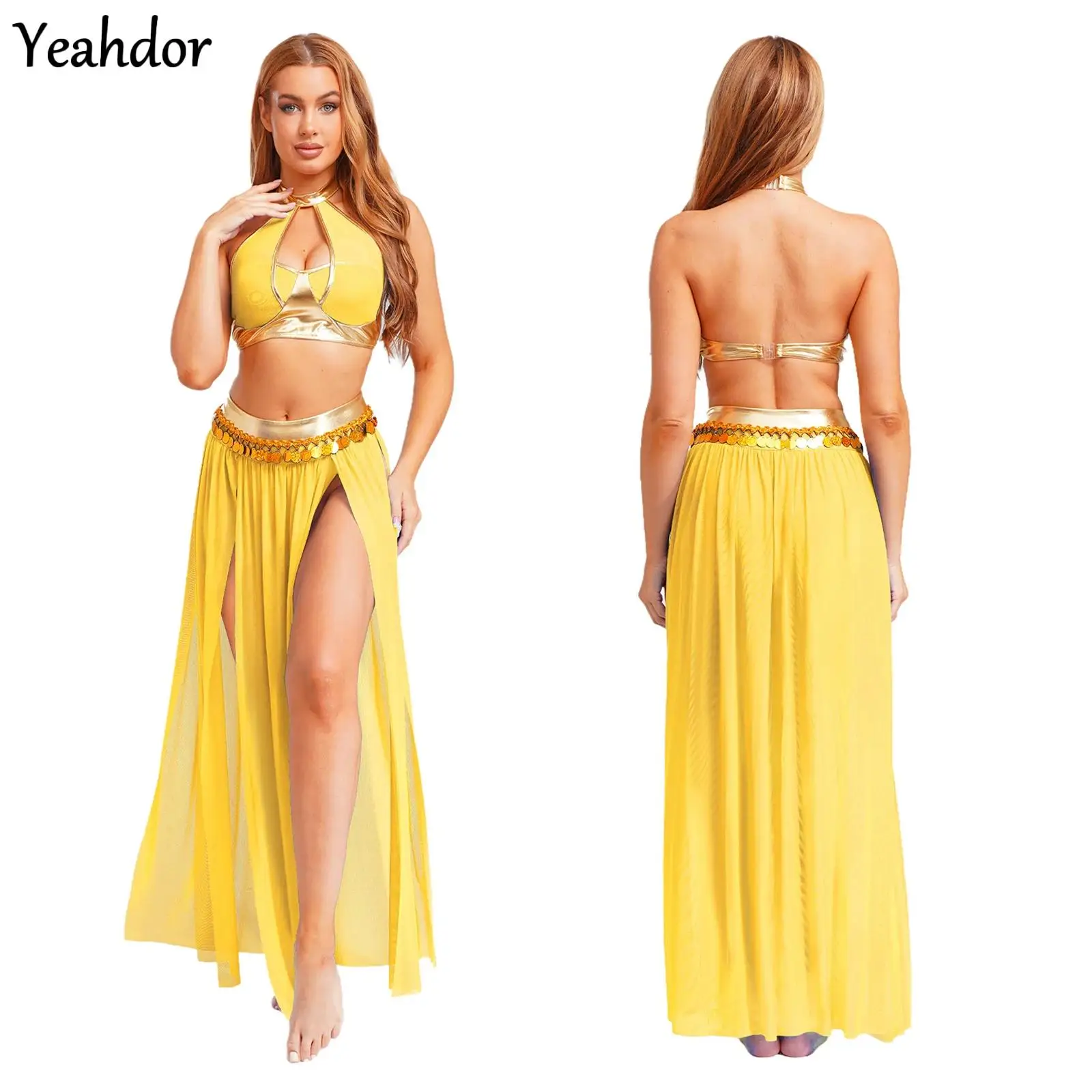 

Women Belly Dance Outfits Ancient Roman Egyptian Cleopatra Cosplay Costume Halter Crop Top And Metallic Tassel Split Mesh Skirt