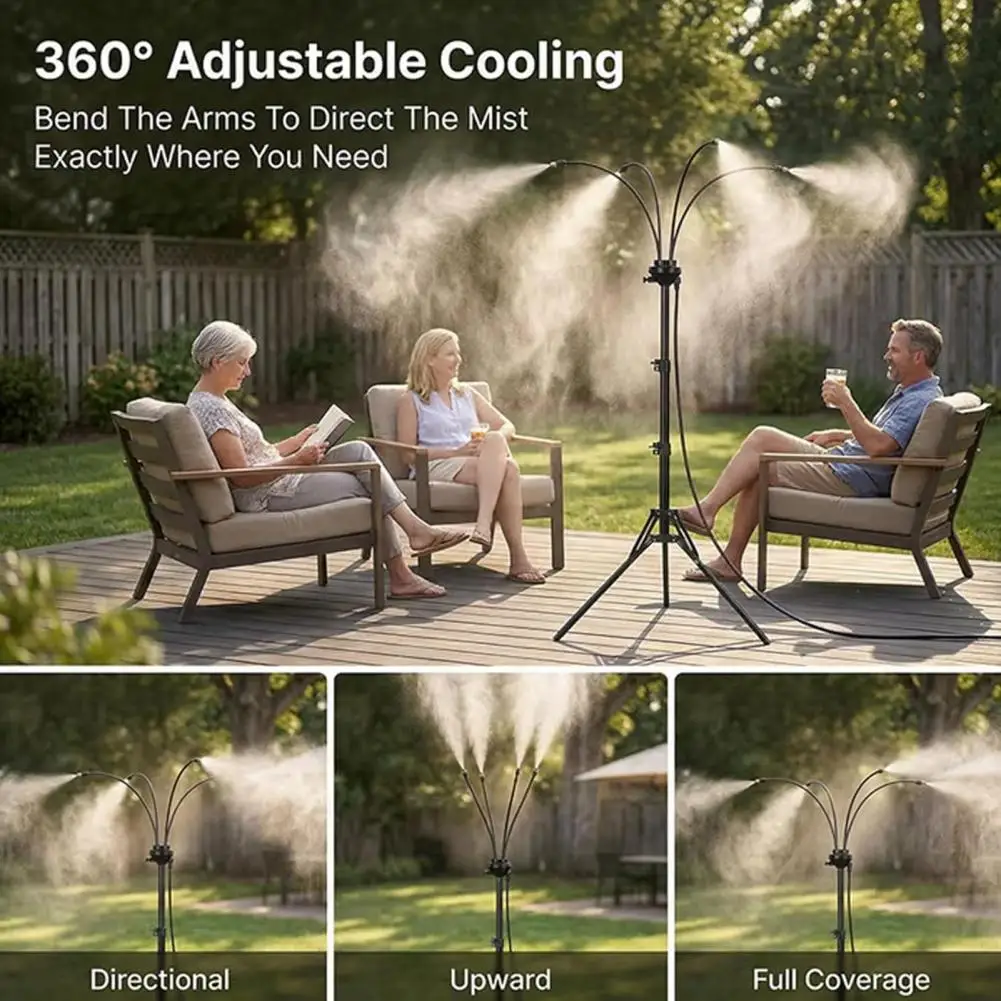 VelmoraMart outdoor misting system installed on a wooden patio providing cooling mist