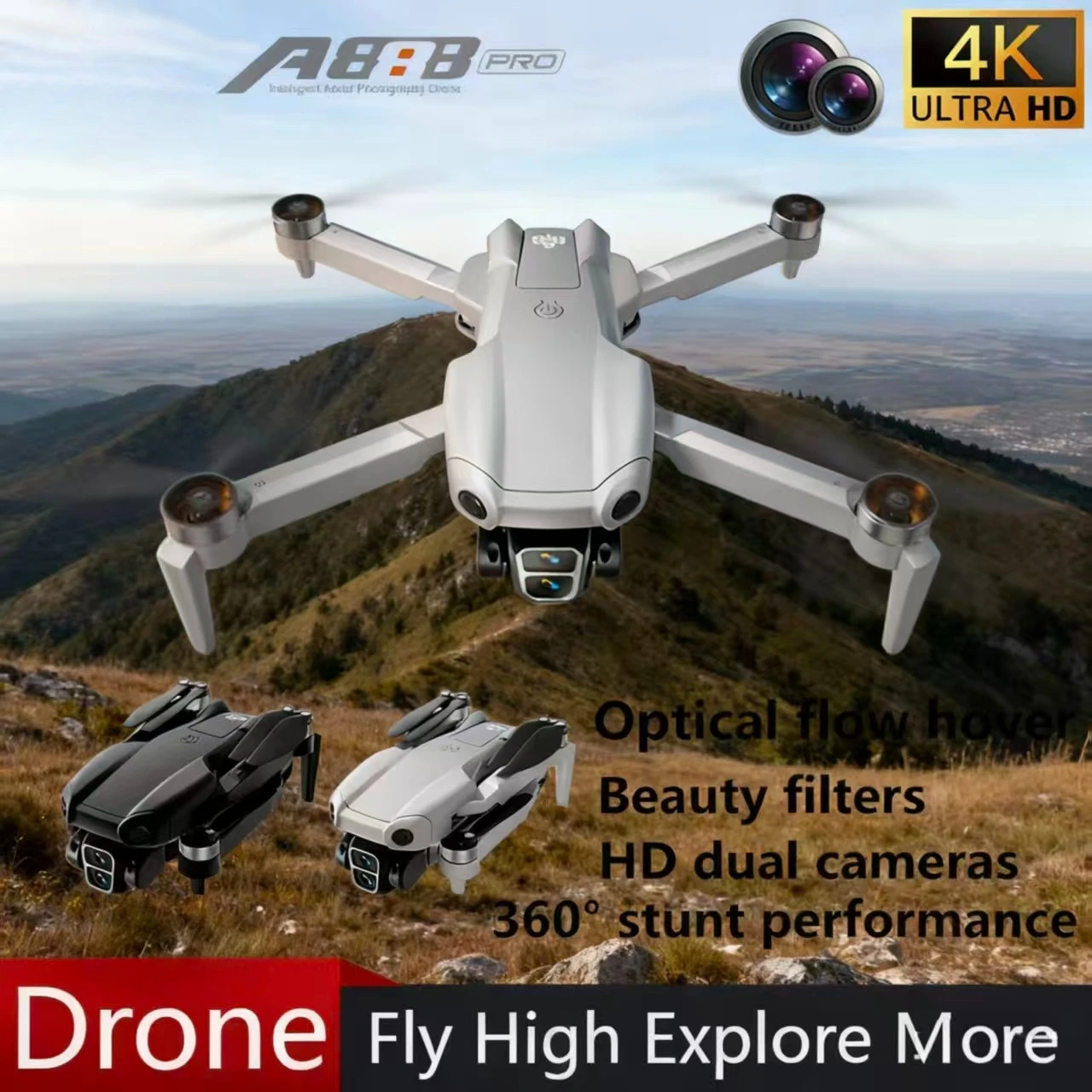 

A888 PRO Дрон 4K HD Аэрофотосъемка Бесщеточный двигатель Оптическое позиционирование потока 60 ° Регулируемая камера с дистанционным управлением, игрушка в подарок