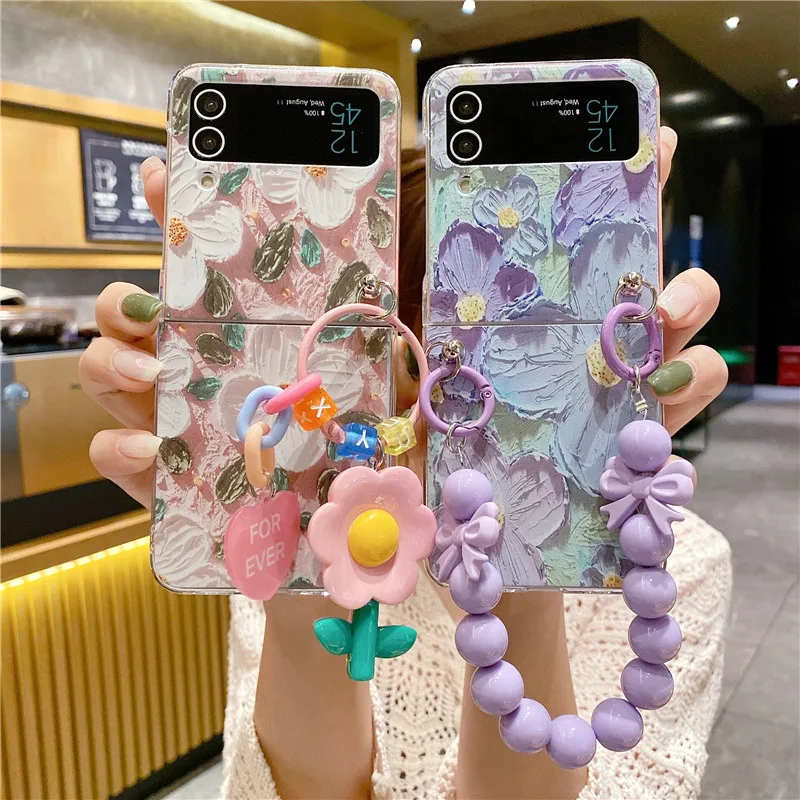 

Korean Camellia Phone Case For Samsung Galaxy Z Flip 4 3 Z Flip3 Flip4 Cover with Chain Fashion Protective Cover