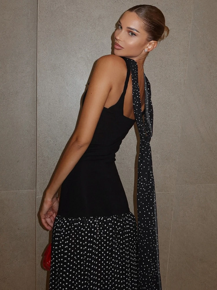 Sukienki maxi w kropki dla kobiet, odzież, eleganckie sukienki bez rękawów z wstążką, streetwear, długa suknia damska.