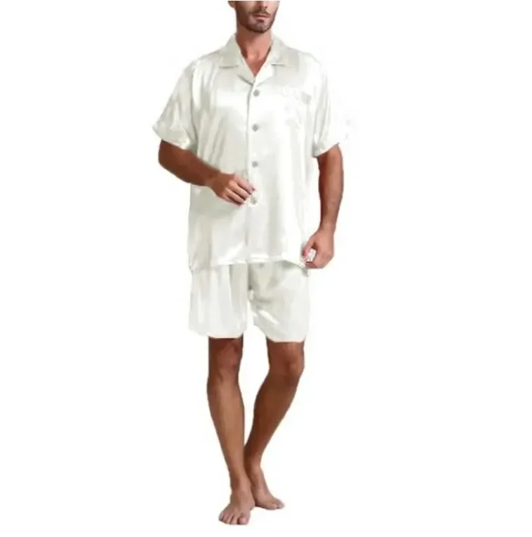 Satin Suits Nightwear Sleeve Summer Fahion Sets Men Short Sleepwear Pajamas Tops+pants 2Pcs Silk Homewear