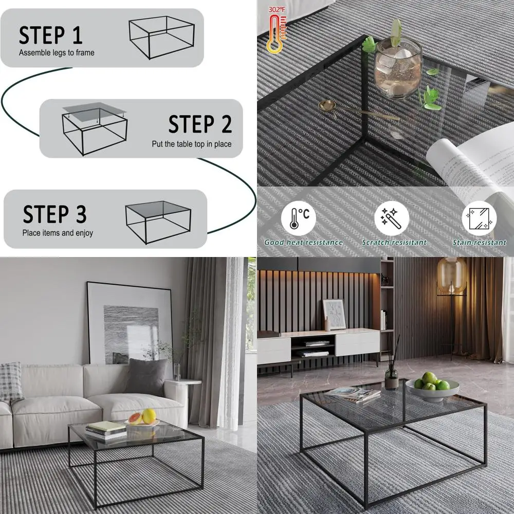 

Modern Square Glass Coffee Table for Small Living Rooms, Sturdy Metal Frame, Easy Assembly, 26.4 x 26.4 x 15.7, Gray Black