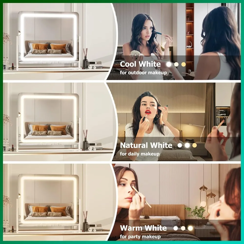LED Vanity Mirror 24.2x20in, 10X Magnification, 3 Color Dimmable, 360 Rotatable, Wall/Desktop