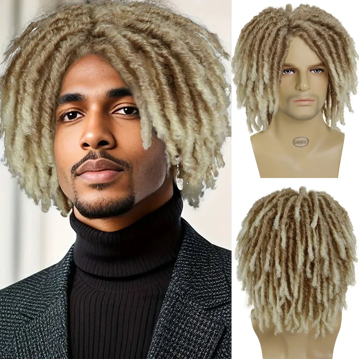 Black Men's Wigs Short Synthetic Hair Ombre Blonde DreadLock Wig with Bangs Braided Hairstyles Halloween Costume Wig Cosplay