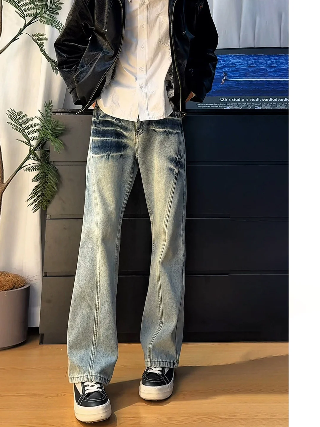 

Светло-голубые джинсы-клеш с узором молнии, модные весенне-осенние брюки в американском уличном стиле, мужские брюки с косым кроем и эффектом потертости