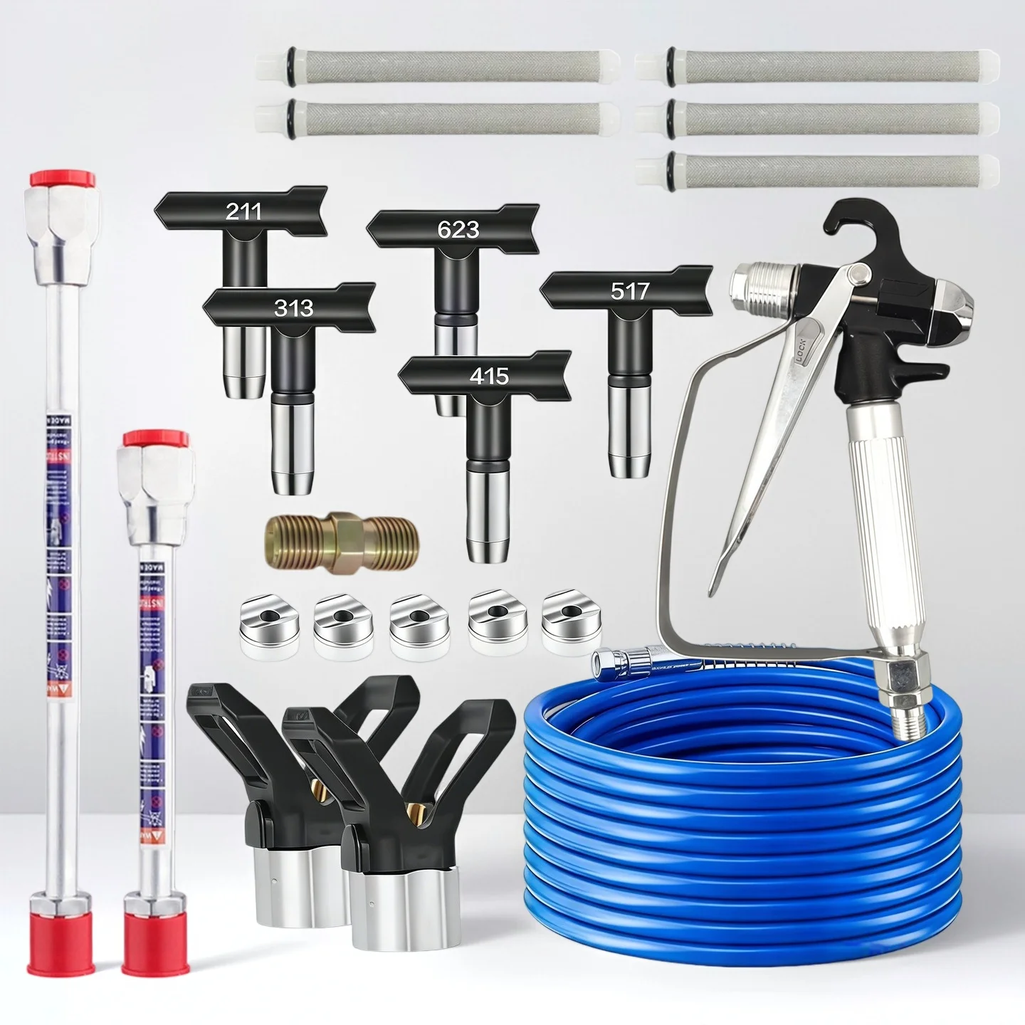 

17Pcs Universal Airless Paint Sprayer Accessory Set with Hose, 211/313/415/517/623 Tips & 20cm/30cm Wands