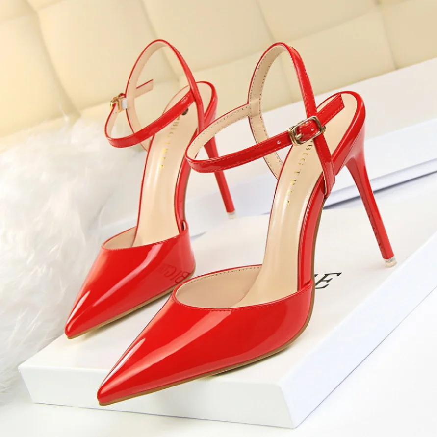 86-1 Style Simple Slim Ultra High Heel Shallow Painted Leather Sexy Nightclub Slimming One-word Strap Women Cool Shoes