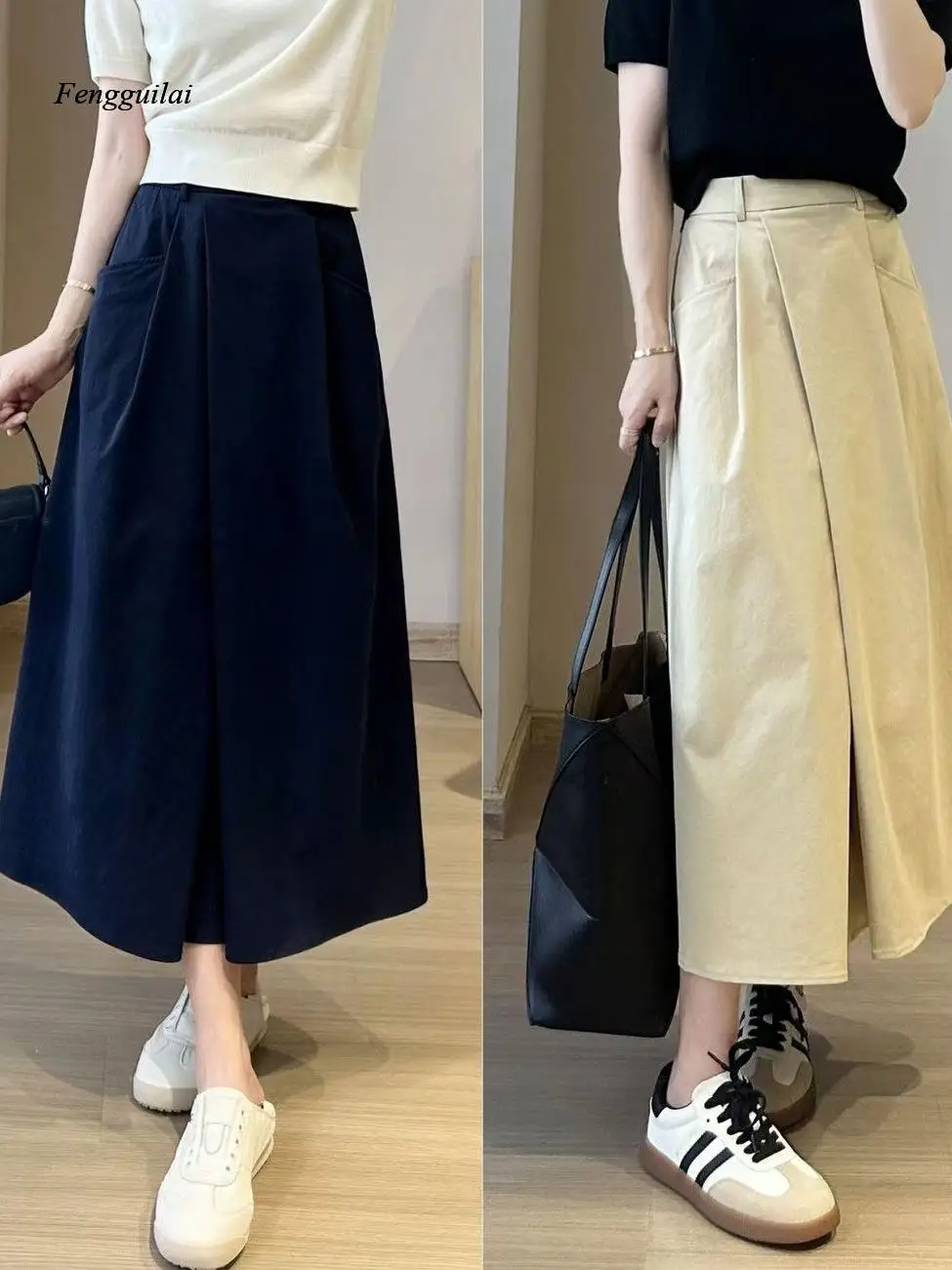 Anti-Wrinkle Summer High Waist Women's Skirt Elegant Casual Loose Fit Midi Length Slimming A-Line Skirt for Commuting