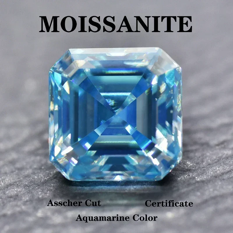 

NEW Moissanite Stone Asscher Cut Aquamarine Color Charms Gemstone DIY Advanced Jewelry Rings Earrings Making With Certificate