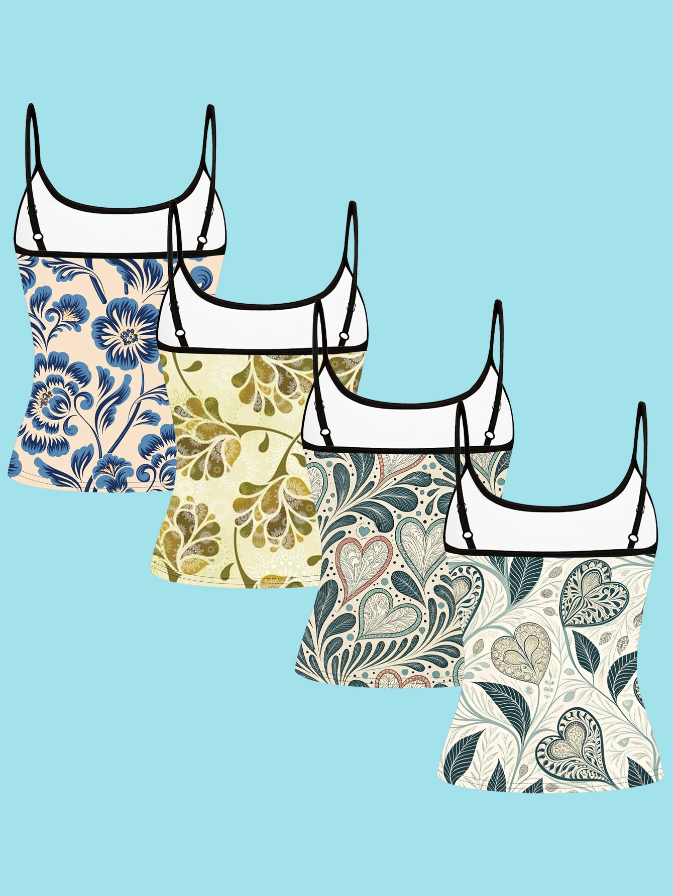 4-Piece Set of Women's Fresh Retro Floral Heart Print Spaghetti Strap Camisole Slim Fit Base Layer Tops