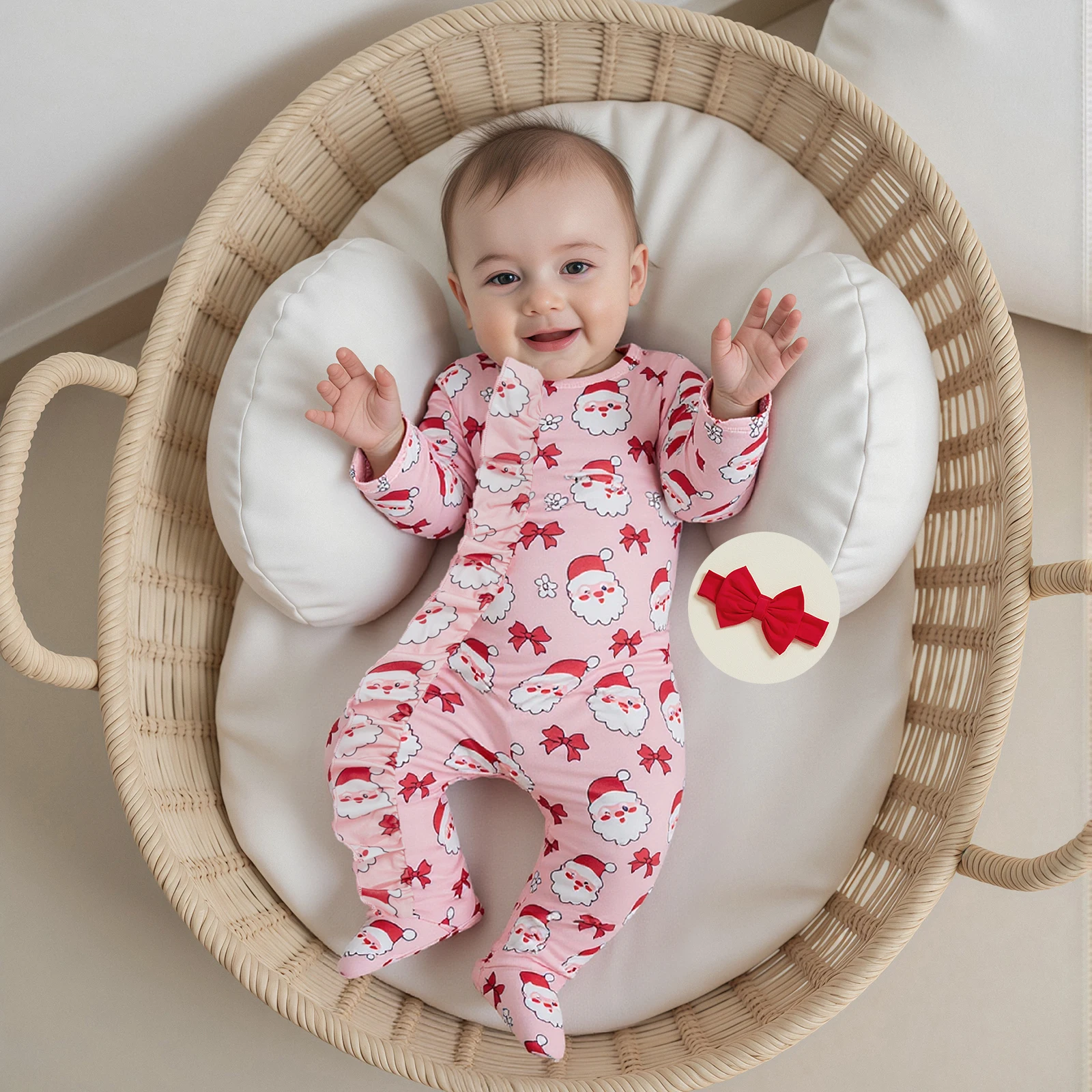 Newborn Baby Girl Christmas Romper Santa Print Long Sleeve Zip Up Footed Jumpsuit with Bow Headband