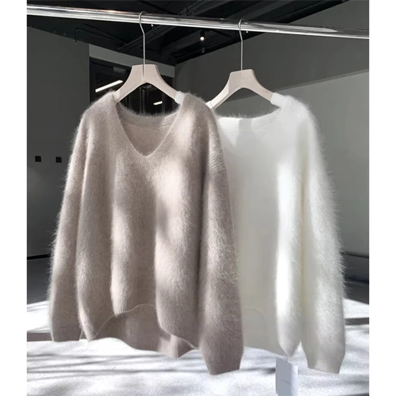 MEXZT Mink Cashmere Sweater Women Fashion V Neck White Knitted Pullovers Korean Long Sleeve Knitwear Fall Winter Loose Jumpers