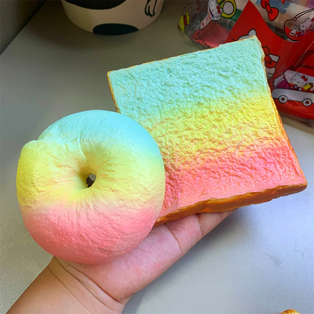 Slow Rebound Cute Rainbow Color Double Sided Mixture Home Decoration Props Soft Slow Rebound Bread Birthday Christmas Bagel Fun