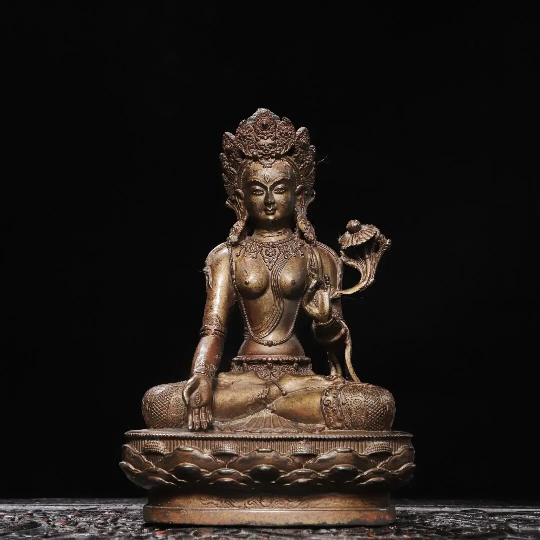 White Tara Bodhisattva Tibetan Vajrayana Pure Copper Gold Plated Antique Home Temple Desk Decor Ornament