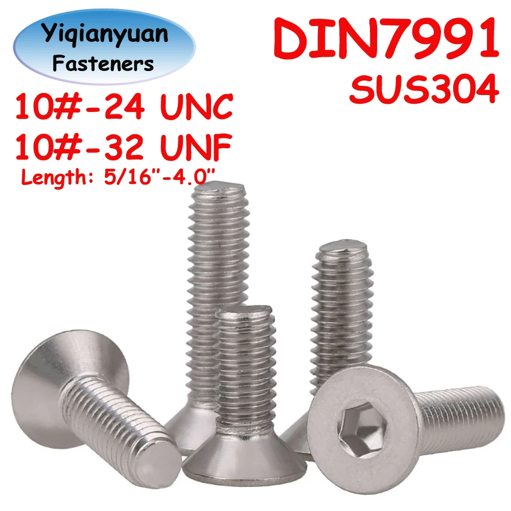 Yiqianyuan 10#-24 UNC 10#-32 UNF DIN7991 SUS304 Stainless Steel Hexagon Socket Countersunk Head Screws Allen Key Hex Flat Bolts
