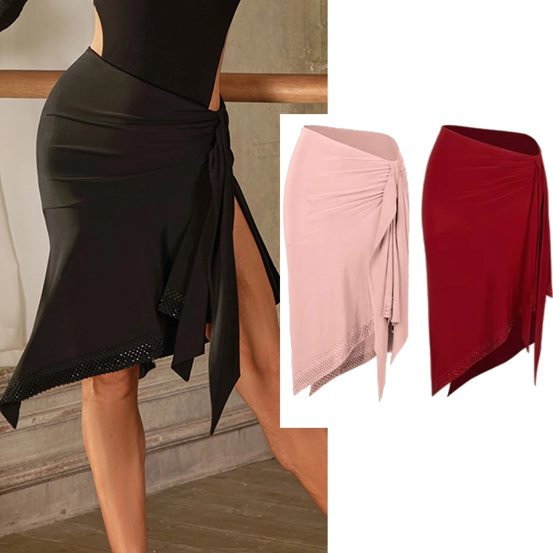 

Rhinestone Latin Dance Skirt Woen Sexy Slit Tango Salsa Dance Performance Skirt Adult Practice Clothes Black Skirt DNV21383