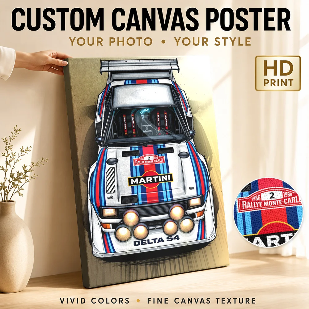 Italian Delta S4 White Rally Car Canvas Print Posters Retro Style Wall Art With Personalized Photo For Garage Ideal Driver Gift