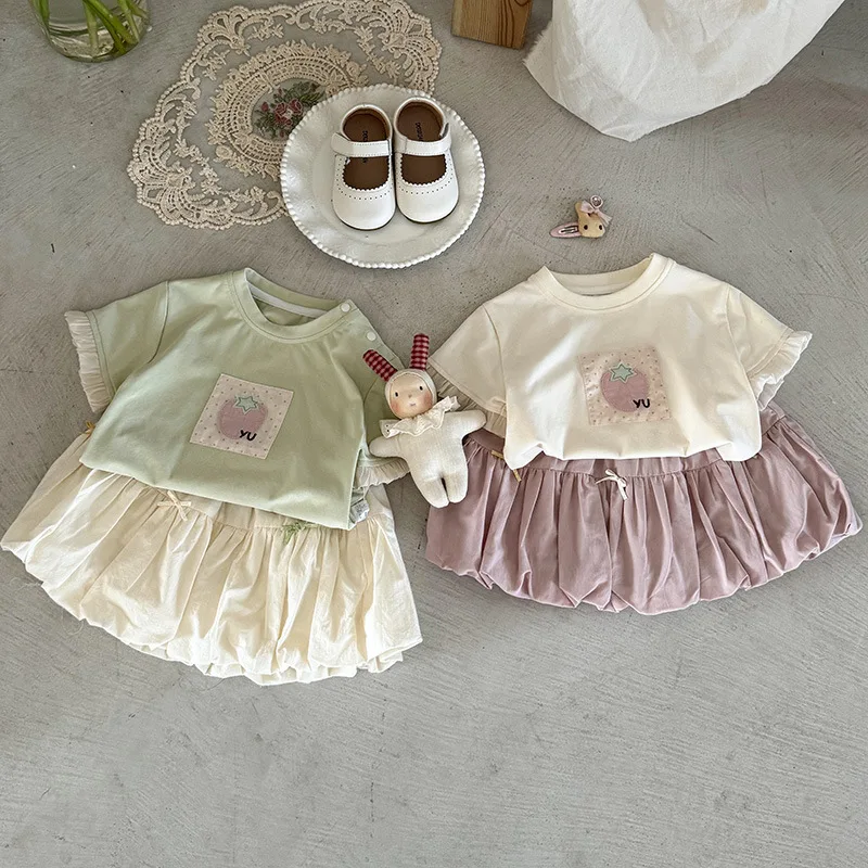 

Girls Set 2025 Summer New Childrens Wear Korean Style Baby Girl Fashion Stick Cloth T-shirt Flower Skirt Two-piece Set Casual