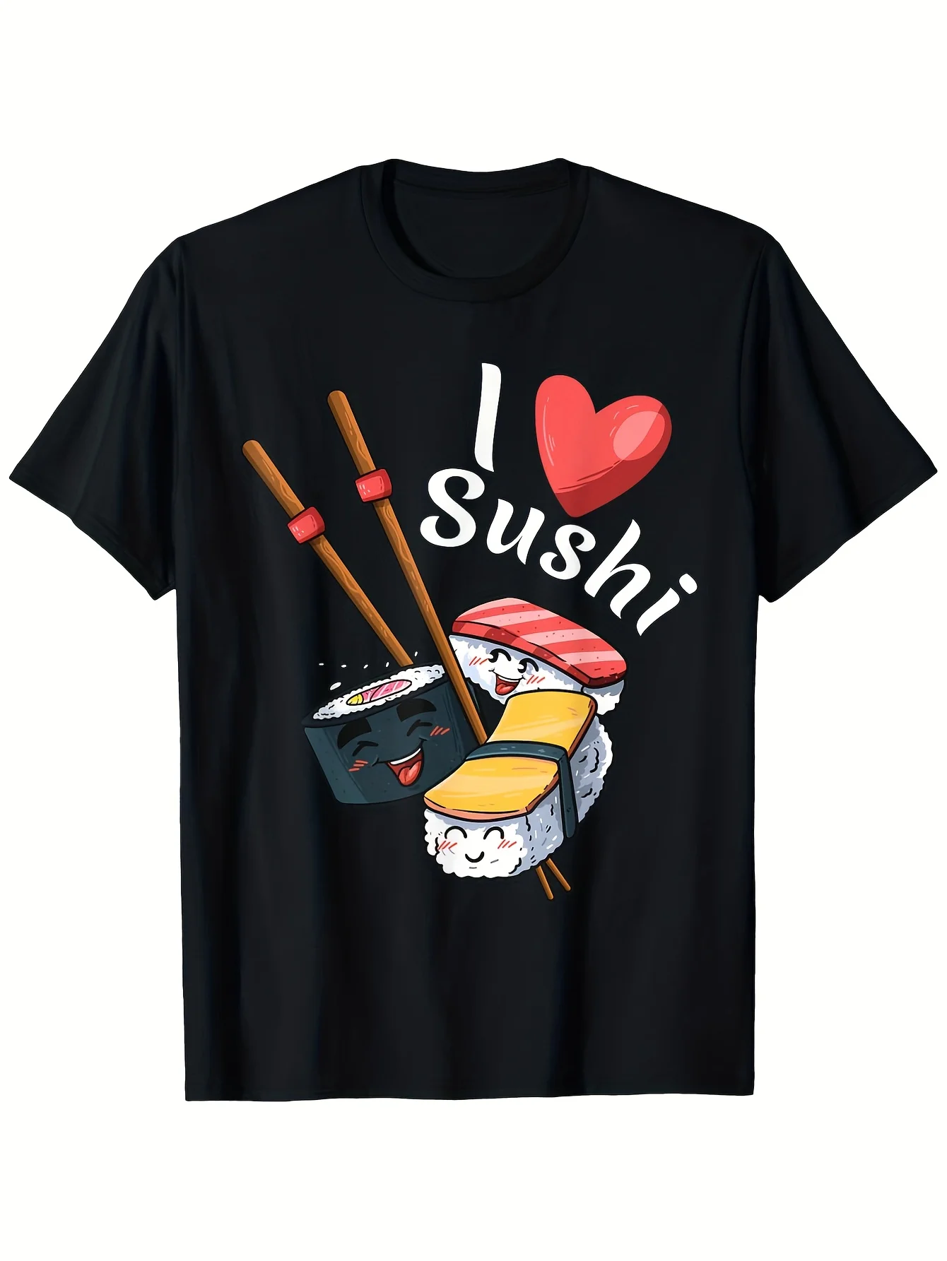 Modernes, einzigartiges japanisches Sushi-Sashimi & Soja-T-Shirt „I Love Sushi“, lockerer Schnitt, neues Unisex-Kurzarm-T-Shirt, lässig und bequem, 100 % Baumwolle, S-XXXL, Baumwoll-Freizeit-Kurzarm-T-Shirt, weich, komfortabel und maschinenwaschbar – ideal für den Freizeitgebrauch
